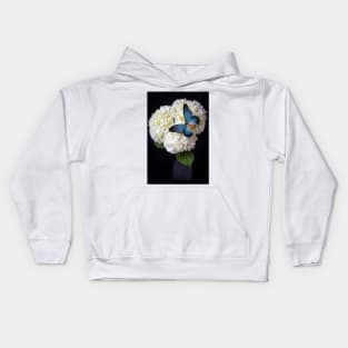 Large Blue Exotic Butterfly On White Hydrangea Kids Hoodie